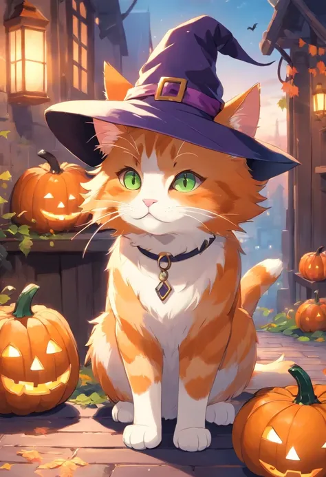 Ginger cat in a witchs hat, It has white front paws, There are also green and brown eyes, pumpkins, Halloween, the bats