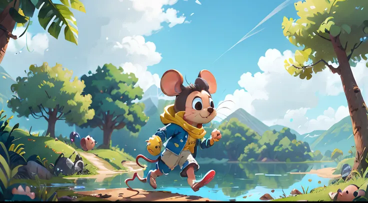 zoom in on (((the Pimpão mouse))), with blue and yellow scarf, by the lake on the farm, cloudy sky, natural lighting, running, pointing, looking amazed.