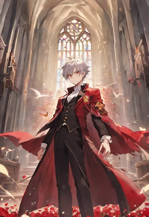 Silver-haired beautiful boy with voluminous spiked hair、red eyes、tailcoat、Inside a ruined church、Red flowers scattered on the floor