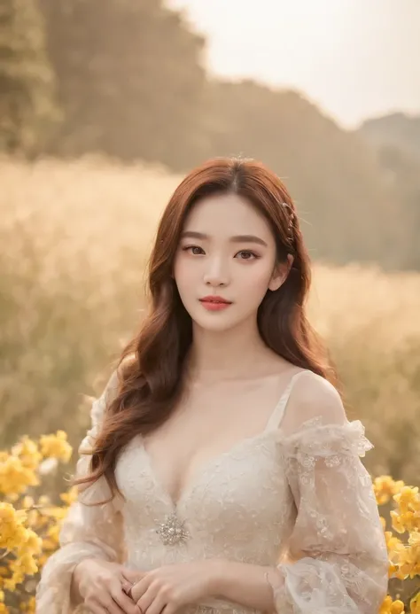 ((Best quality)) , ((Masterpiece)) , (Detailed) ,Arafis woman sits in a field of flowers，The background is blue sky, bae suzy, song hye - kyo, Shin Jinying, jaeyeon nam, hwang se - on, Choi Hyun-hwa, Lee Ji-eun, lee ji eun, beautiful Korean women, jia, dil...