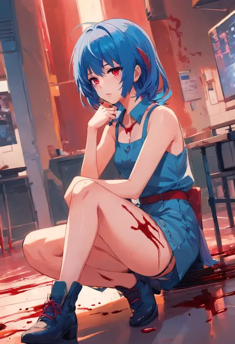 1 girl, blue_hair, blood, blood_on_clothes, blood_on_face, blood_on_hands, blood splatter, breasts , suspenders, high heels jewelry, injury, looking_at_viewer, red eyes, sitting, thighs, alone, holding a knife