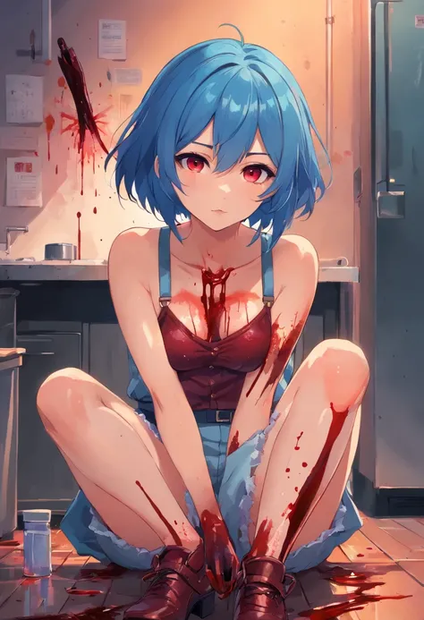 1 girl, blue_hair, blood, blood_on_clothes, blood_on_face, blood_on_hands, blood splatter, breasts , suspenders, high heels jewelry, injury, looking_at_viewer, red eyes, sitting, thighs, alone, holding a knife