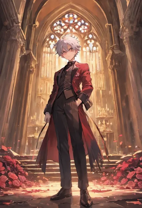 Silver-haired beautiful boy with voluminous spiked hair combed back with bangs combed back、red eyes、tailcoat、Inside a ruined church、Red flowers scattered on the floor