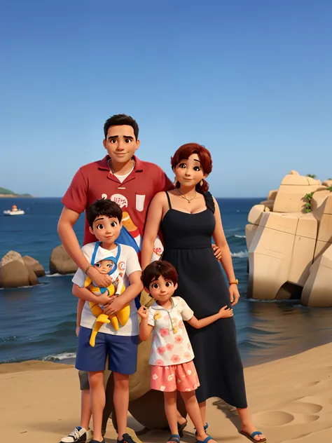 Familia, mae, pai, filho e filha, felizes em uma praia