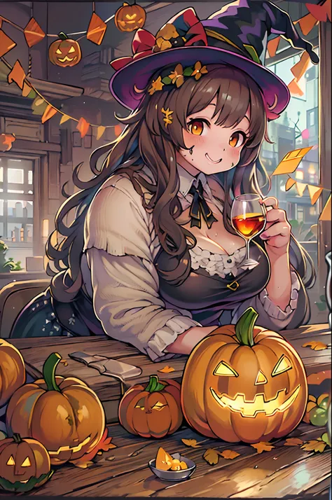 Anime character sitting at a table with a pumpkin and a wine glass, guweiz on pixiv artstation, halloween celebration, Halloween atmosphere, halloween art style, In the portion shop, guweiz on artstation pixiv, trick or treat, witch academia, kawacy, artwo...