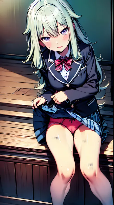 masutepiece, Best Quality,Illustration, Wallpaper, Ultra Detail、(((molesting)))、Detailed eyes、(Teary-eyed)、(((Sexy colorful underwear)))、(blazers、Kilted skirt)、ample breasts、((Girl taking off her skirt))