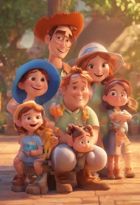 Estilo Pixar: Familia, Um pai, A mother and two girls. Uma menino de 6 anos e outro de 2 anos . Uma fazenda com vacas lindas e marrom .