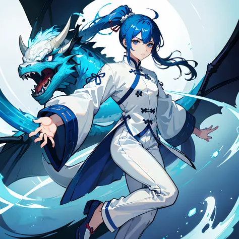 Male teenager、Blue-haired、long pony tail、White china clothes、White pants、Black China Shoes、Dragon horn、Dark blue blue dragon sword、jumpping、Bullish look