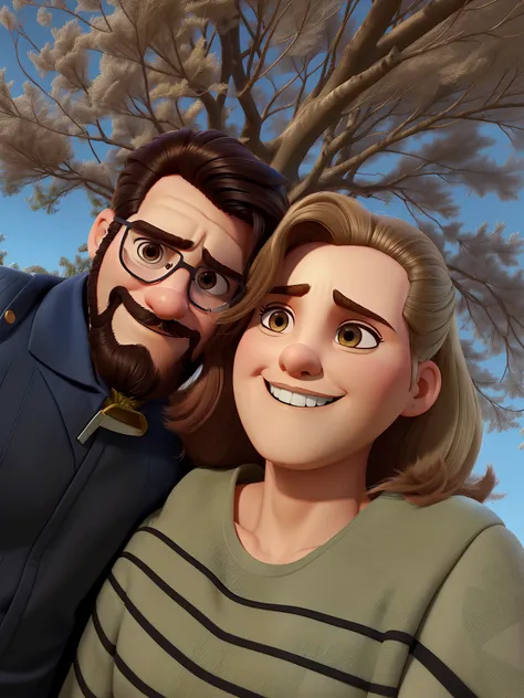 Casal (homem branco cabelos pretos e mulher branca, cabelos ruivos) no estilo Disney Pixar, alta qualidade, melhor qualidade.