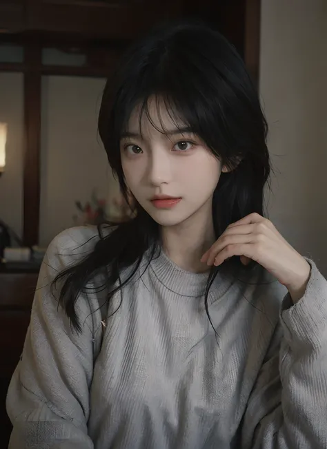 best qualtiy， 超高分辨率， （realisticlying：1.4）， A woman with long black hair and a gray sweater, 中景 the scene is, She has black hair，By bangs, young lovely Korean faces, wan adorable korean face, ulzzangs, Shin Jinying, beautiful aesthetic face, Korean face fea...