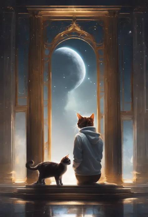 Perfect centering, a cute little cat, stand posture，Wear a student jacket, Wearing sunglasses, Wearing headphones, Standing position, Abstract beauty, Centered, Looking at the camera, Facing the camera, nearing perfection, Dynamic, Moonlight, Highly detail...