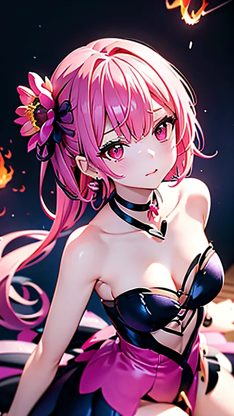 (masutepiece, Best Quality),Pink starry background,Purple Choker,Red Eyes,flower,Blue Mesh Dress,Bare_shoulders,鎖骨,earrings,Jewelry,(flower,fire),hair behind ear,
Sense of depth,4K,absurderes,(From  above),Dynamic Angle,