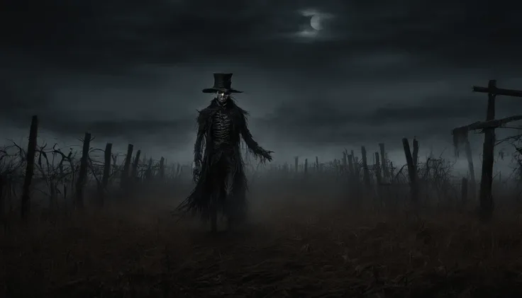 creepy scarecrow in a field at night, halloween night, creepy haunted house in the background, ultra detailed, masterpiece.