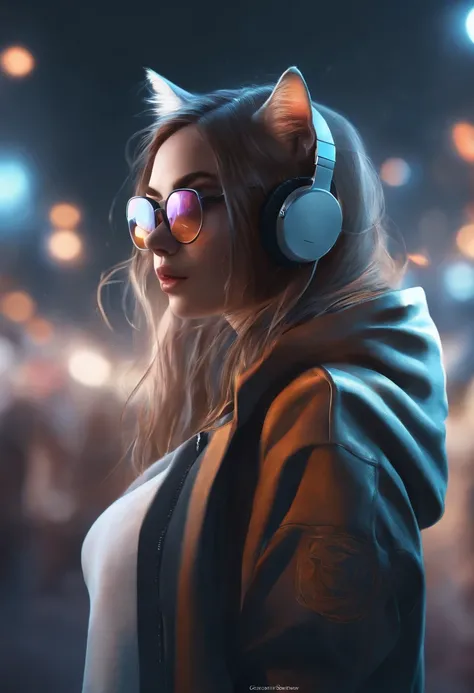 Perfect centering, a cute little cat, stand posture，Wear a student jacket, Wearing sunglasses, Wearing headphones, Standing position, Abstract beauty, Centered, Looking at the camera, Facing the camera, nearing perfection, Dynamic, Moonlight, Highly detail...