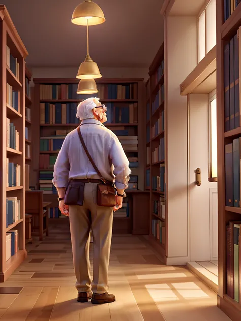 A wise old man standing in front, illuminated by the light of a lamp, against the backdrop of a library