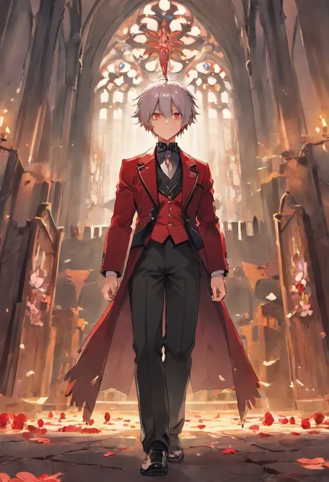 (Bangs combed back)Silver-haired beautiful boy with voluminous spiked hair、red eyes、tailcoat、Inside a ruined church、Red flowers scattered on the floor