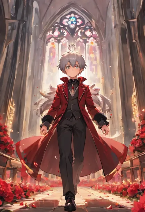 (Bangs combed back)Silver-haired beautiful boy with voluminous spiked hair、red eyes、tailcoat、Inside a ruined church、Red flowers scattered on the floor