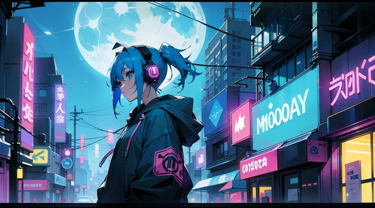 blue-haired girl, hoodie, headphones, neon signs, streets, blue-moon