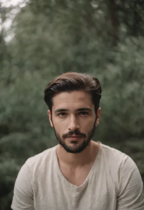 Jovem pardo, careca, de barba, with thick lip, de boca grande, 1,70 de altura, esbelto, anti social, com camiseta de banda de rock.