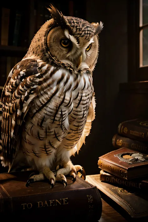 owl/imagine prompt: warm color palette, Cinematic lighting, Soft lighting of owls with a book