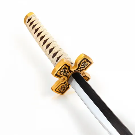 There is a closeup of a sword with a wooden handle, espada larga amarela, Espada Katana de prata brilhante, katana in hand, Katana steampunk, espada bonita, Katana, Espada de Ouro, Katana Chainsaw Sword, Extremely sharp detail, espada grande, espada jiang,...