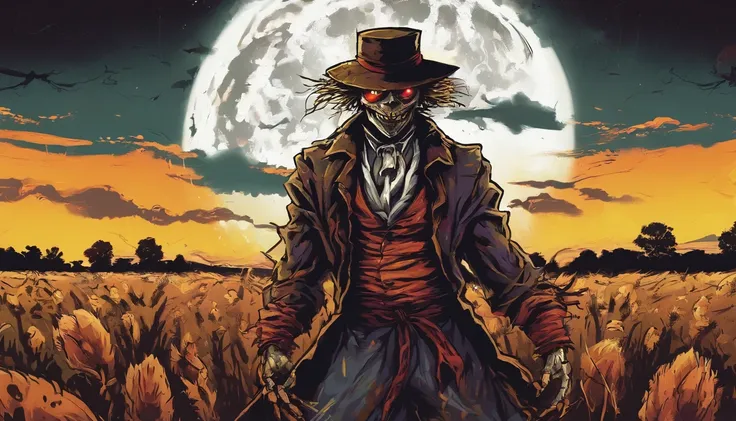 creepy scarecrow in a field at night, halloween night, full moon in the background, ultra detailed, masterpiece.