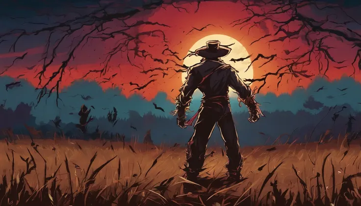 creepy scarecrow in a field at night, halloween night, full moon in the background, ultra detailed, masterpiece.