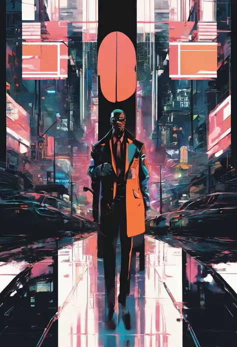 ((magro, Lanky, normal, meados dos anos 30, Unshaven, Branco, ((americano, pale skin, english)), macho, Businessman walking under the night sky with moon out wearing a basic suit and tie)), cowboy shot, ((ultra detalhado neon cyberpunk futurista cidade )),...