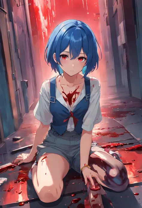 ((best quality)), ((masterpiece)), (detailed), 1 girl, blue_hair, blood, blood_on_clothes, blood_on_face, blood_on_hands, blood splatter, breasts , suspenders, high heels jewelry, injury, looking_at_viewer, red eyes, sitting, thighs, alone, holding a knife