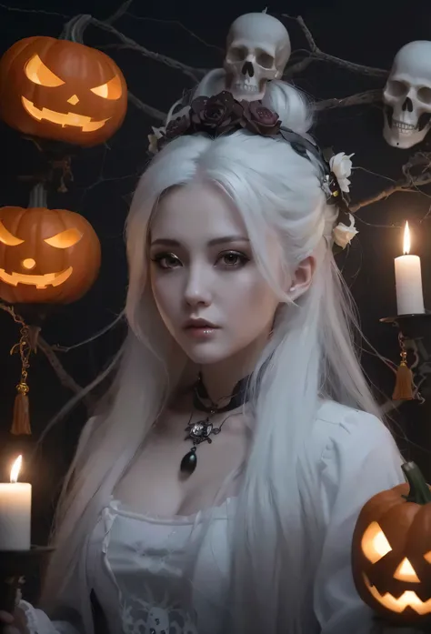 a close up of a woman with a candle and a skull, with long white hair, with white long hair, girl with white hair, white haired deity, white haired, white haired lady, white-haired, perfect white haired girl, halloween art style, classical witch, in a hall...