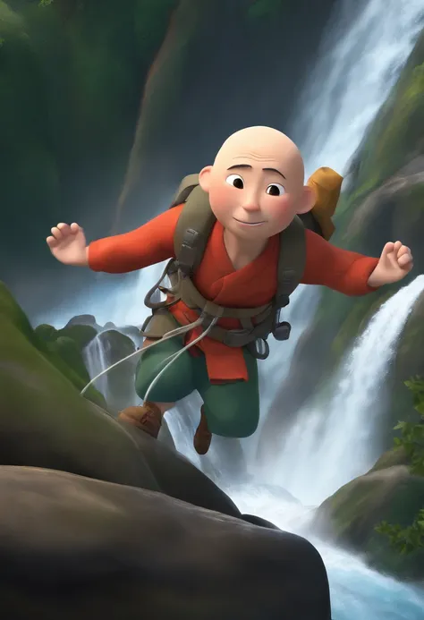 Image of a Japanese bald man for a story in a YouTube video in Pixar format, Hes rappelling down the waterfall , Hes the class leader, Hes outgoing, Playful and gets up for a lot of things