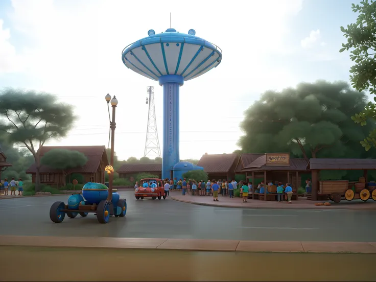 Disney Pixar style water tank, in high quality, suspended with the surroundings full of people