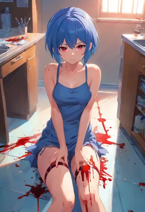 ((best quality)), ((masterpiece)), (detailed), 1 girl, blue_hair, blood, blood_on_clothes, blood_on_face, blood_on_hands, blood splatter, breasts , suspenders, high heels jewelry, injury, looking_at_viewer, red eyes, sitting, thighs, alone, holding a knife...