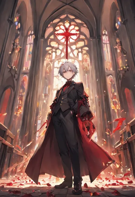 (Bangs combed back)Silver-haired beautiful boy with spiked hair、red eyes、Black tailcoat、The dim、Inside a ruined church、Red flowers scattered on the floor