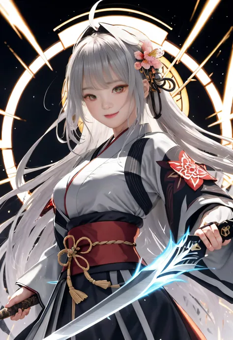 ((RAW image quality))、8K分辨率、Ultra-detailed CG footage、The best illustrations、One lady　Gray long hair　Background shifted up and down　An older sister with outstanding style　Floral kimono　Clothesline　A disconnected world　Tachi　Long knives　A blade that emits l...