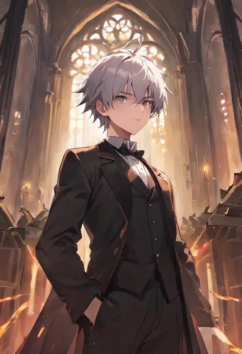 Silver-haired beautiful boy with spiked hair combed back with bangs、red eyes、Black tailcoat、Inside a ruined church