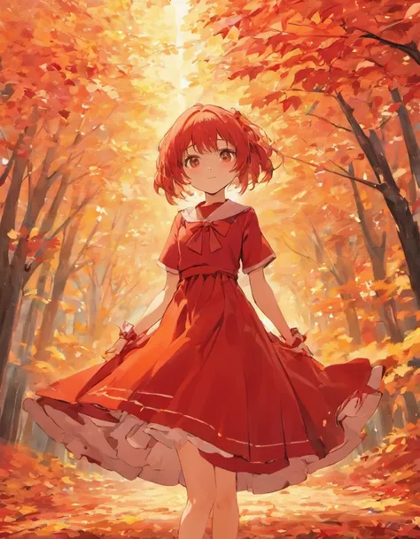 Red dress，schoolgirls，Red princess dress，Maple leaves fall，maple leaves，Detail on orange-yellow background，Sunset details，Sunset background，the sunset