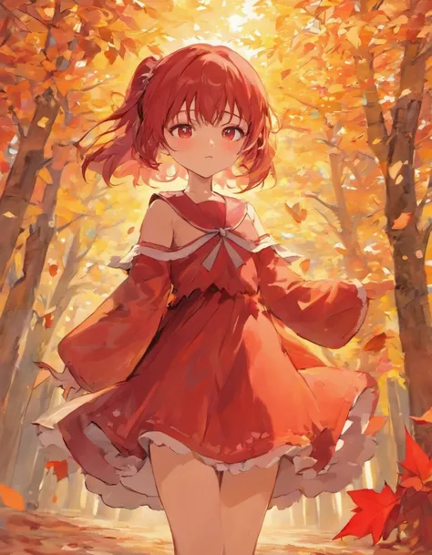 Red dress，schoolgirls，Red princess dress，Maple leaves fall，maple leaves，Detail on orange-yellow background，Sunset details，Sunset background，the sunset