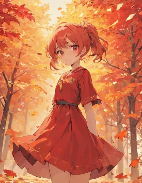 Red dress，schoolgirls，Red princess dress，Maple leaves fall，maple leaves，Detail on orange-yellow background，Sunset details，Sunset background，the sunset