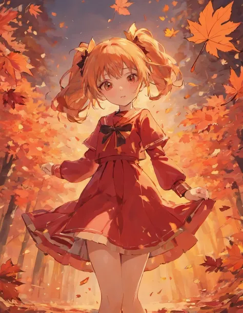 Red dress，schoolgirls，Red princess dress，Maple leaves fall，maple leaves，Detail on orange-yellow background，Sunset details，Sunset background，the sunset