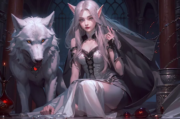 photo of vampire elf in her castle and her pet wolf, delicate and beautiful female elf vampire (ultra detailed, masterpiece, bes...