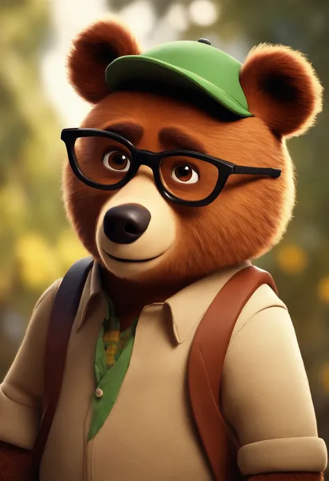 Menino estilo desenho animado, Pixar, wearing round glasses, segurando um urso de pelucia, roupa de escoteiro,