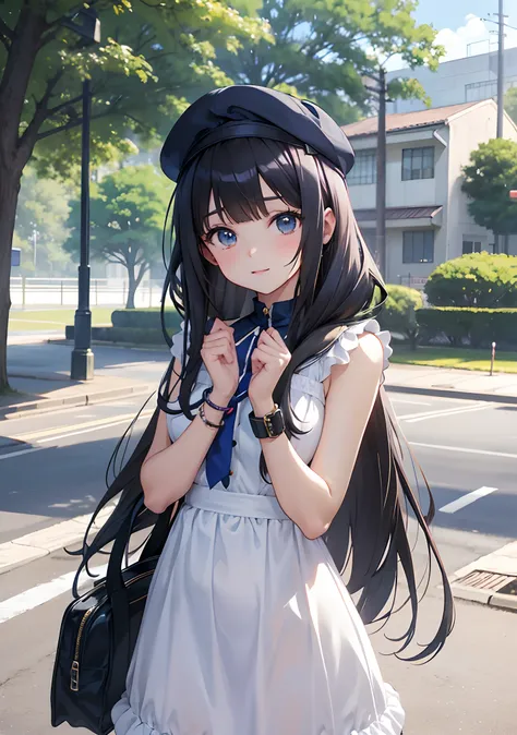 Garota anime em um vestido azul posando em um parque, Loli no vestido, menina anime bonita, Cute anime waifu in a nice dress, arte cg anime suave, menina anime bonita, anime moe artstyle, menina anime atraente, menina anime bonito, Menina anime com cabelo ...