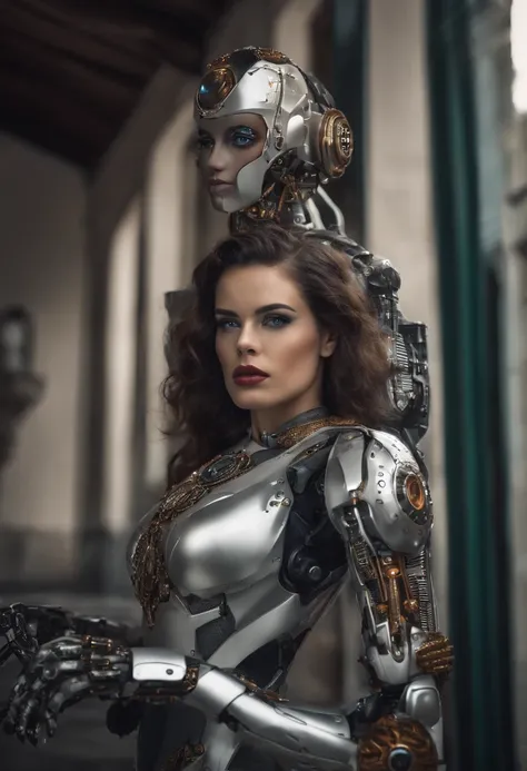 Theres a woman in robot costume posing next to an old building, menina branca bonita meio-ciborgue, menina ciborgue bonito, menina bonita ciborgue, perfect robot girl, menina ciborgue, jovem senhora ciborgue, beautiful female robot, Beautiful Robot Woman, ...