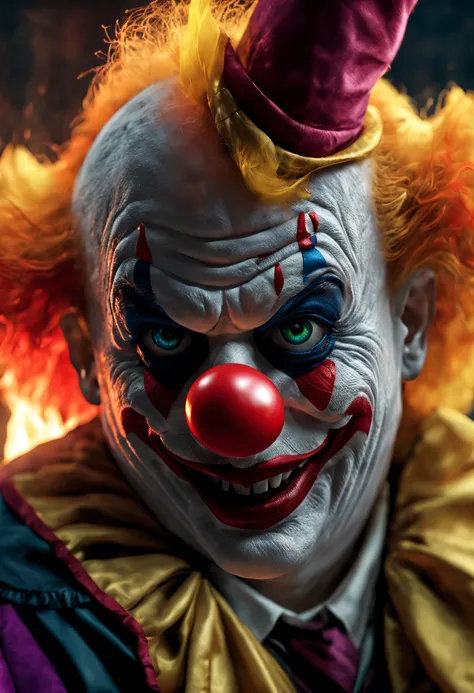 (Best quality, 8K, high resolution, Masterpiece: 1.2), Ultra detailed, (Realistic, Photorealistic, Photorealistic: 1.37), (A clown dressed in Hogwarts School of Witchcraft and Wizardry, The eyes are full of weirdness and evil，In a magical ritual: 1.42), Wi...