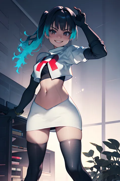 sena, team rocket, team rocket uniform, red letter r, white skirt, white crop top, black thigh-highs, black elbow gloves looking...