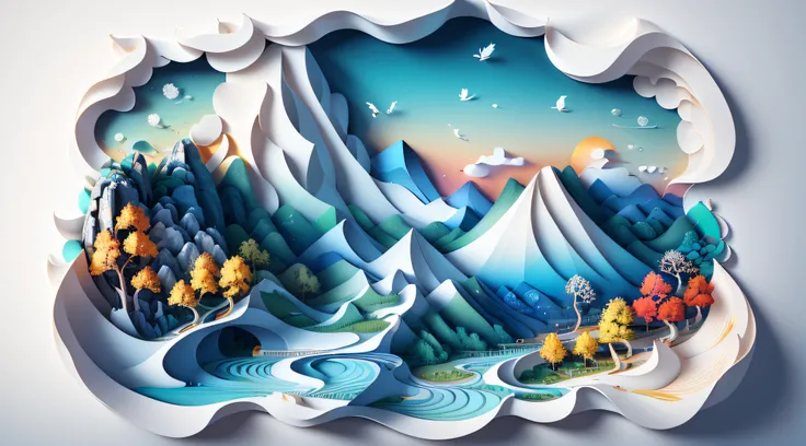 Traditional Chinese landscape painting, paper creation, 3D stereoscopic rendering, color gradient from white to light blue, 4K resolution, simple and natural composition, :white background, fresh and vulgar style. (:nature:)