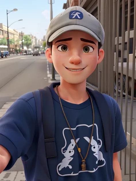 A boy taking a selfie wearing a cap on the street