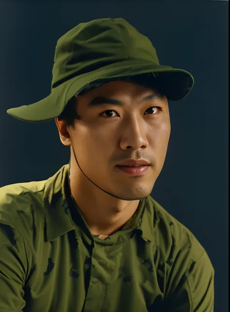 highly realistic photo, image of a 30-year-old asian man, wearing a vietnamese army cap, wearing a dark green army shirt, photo ...