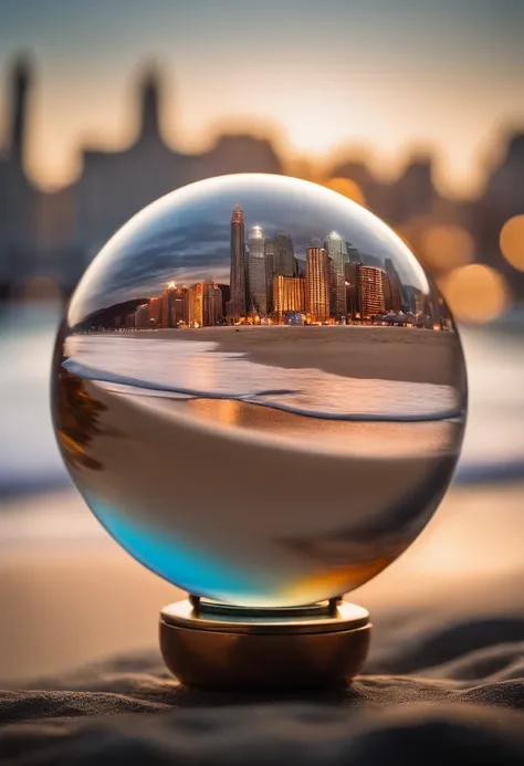 Mini(tpose), (8K, RAW photo, Best quality, Masterpiece:1.2), Colorful background, Clean background, Depth of field, City, Tall structures, Miniature, landscape, isometry,in Crystal ball, 16:9, beach, Waves